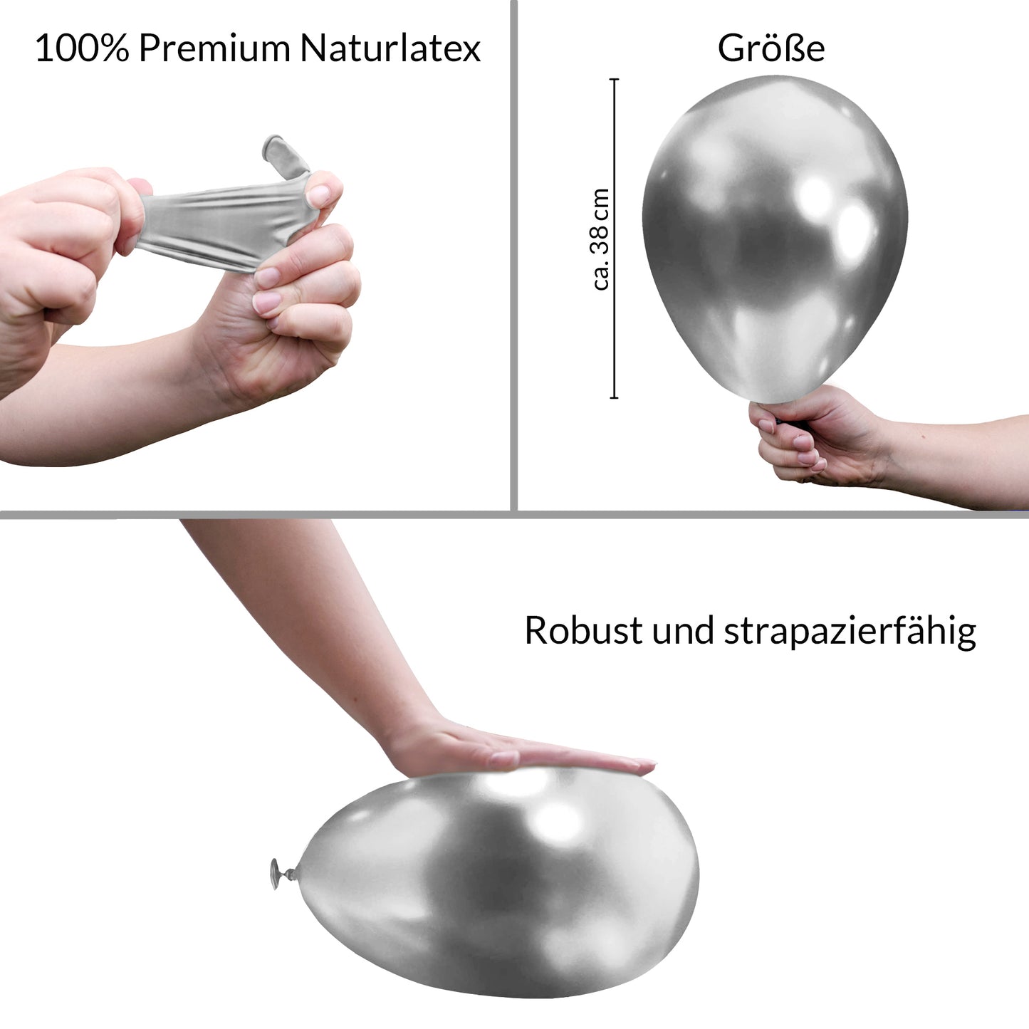 BIO Luftballons Silber Chrome/Glänzend • XXL 38cm • MADE IN EU