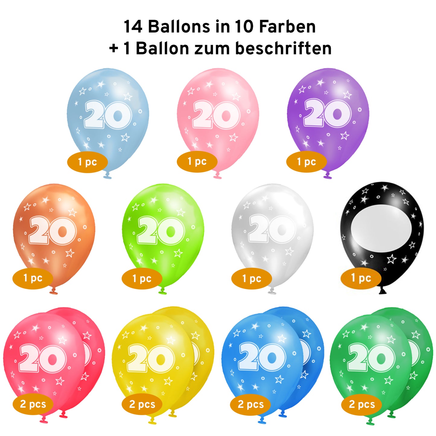 Luftballons 20. Geburtstag •15 Stück• MADE IN EU • Premium BIO Ballons inkl. beschreibbarem Ballon