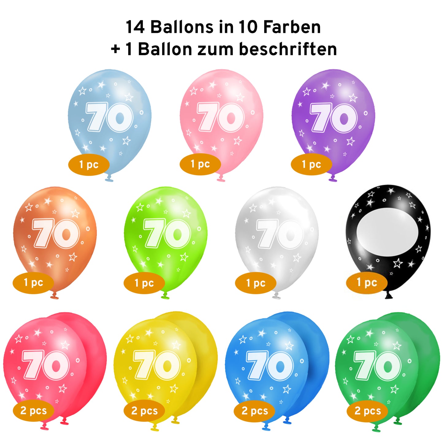 Luftballons 70. Geburtstag •15 Stück• MADE IN EU • Premium BIO Ballons inkl. beschreibbarem Ballon