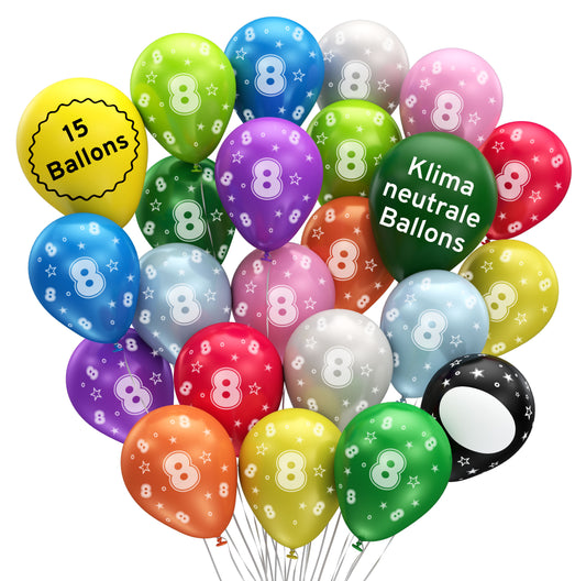 Luftballons 8. Geburtstag •15 Stück• MADE IN EU • Premium BIO Ballons inkl. beschreibbarem Ballon
