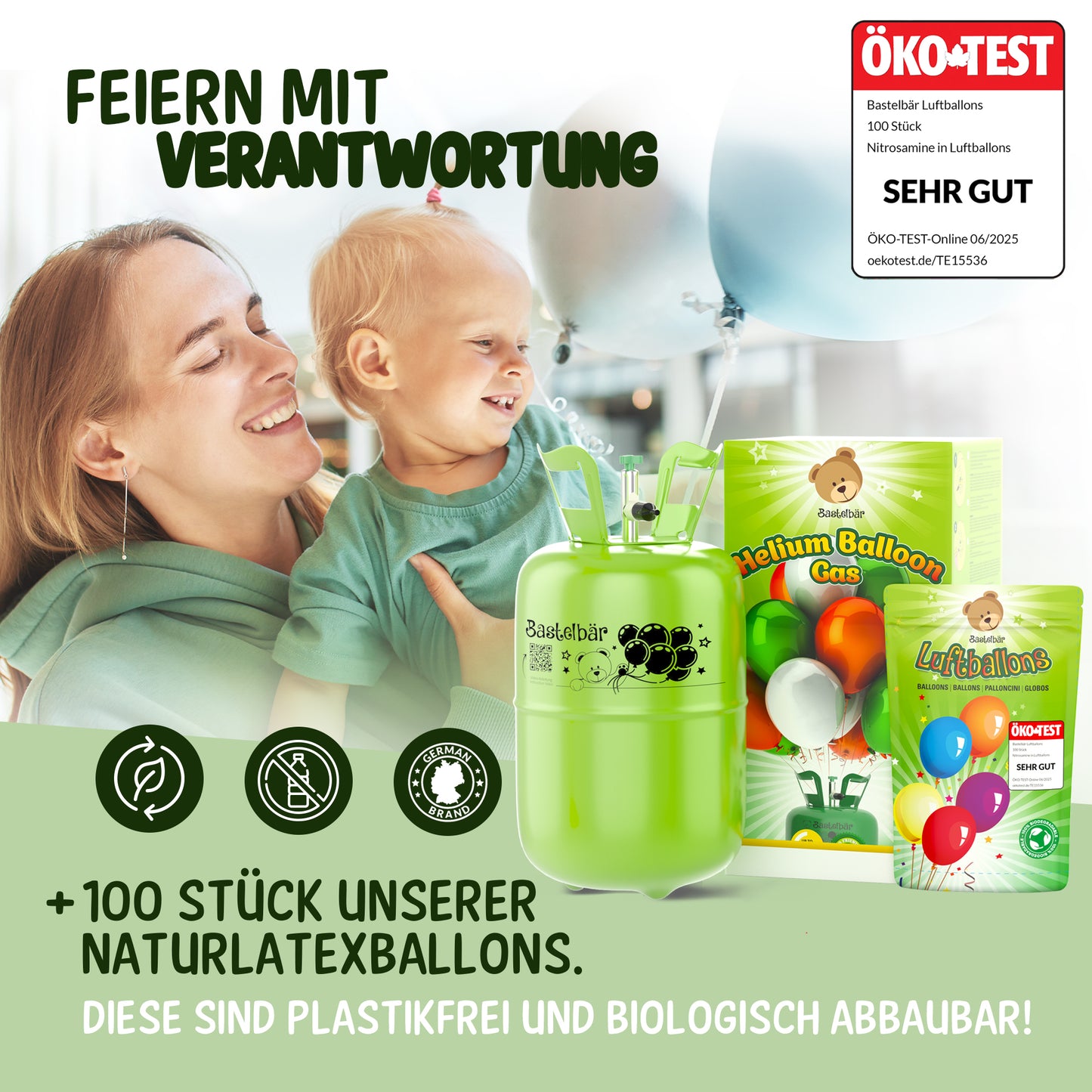 Ballongas für 30 Ballons - Inkl 100 Ballons ÖKO-TEST "Sehr Gut"
