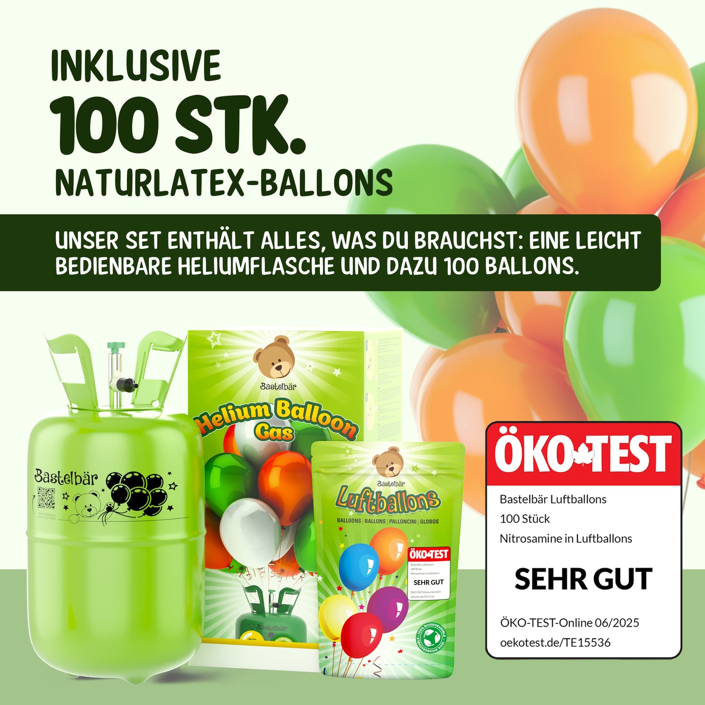 Ballongas für 30 Ballons - Inkl 100 Ballons ÖKO-TEST "Sehr Gut"