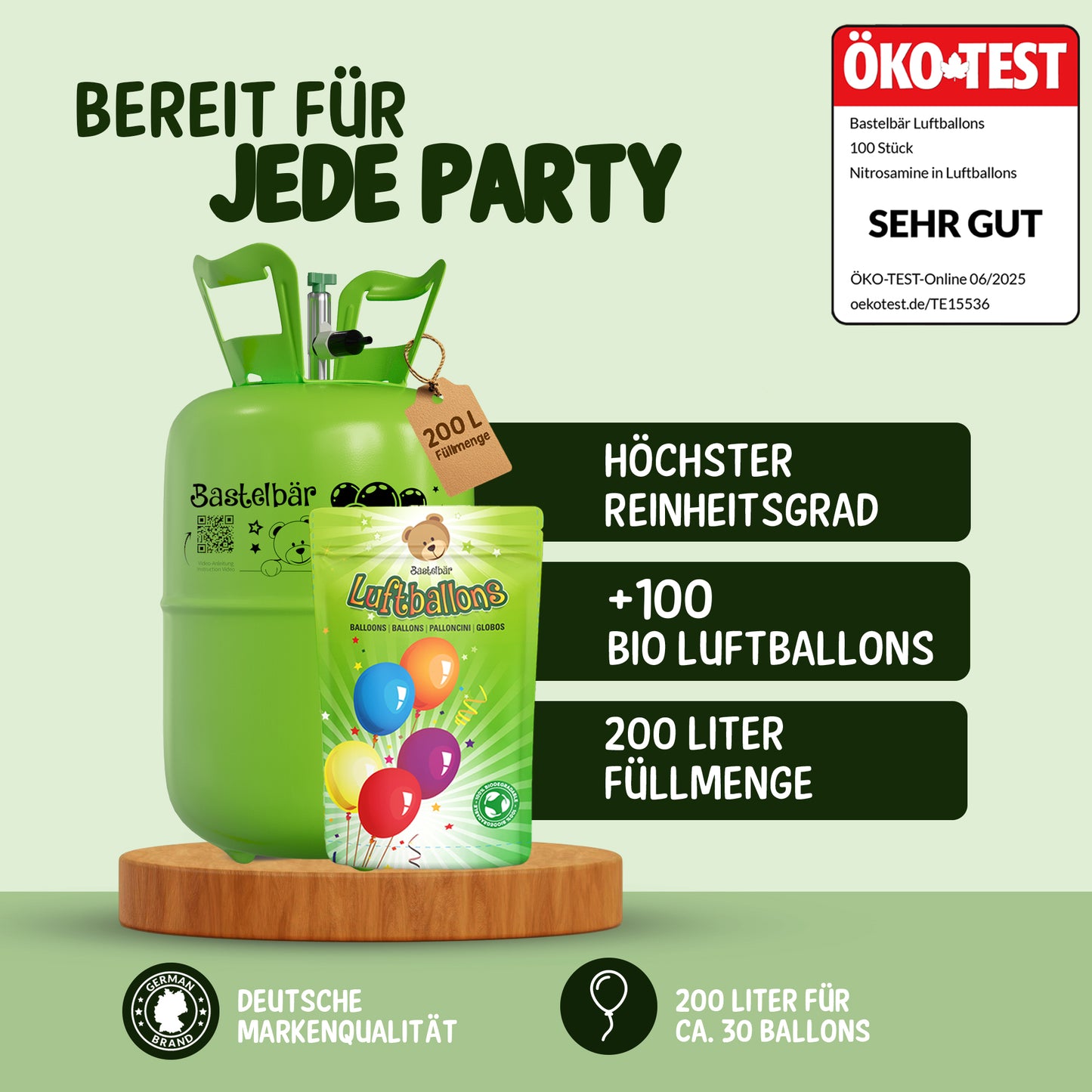Ballongas für 30 Ballons - Inkl 100 Ballons ÖKO-TEST "Sehr Gut"