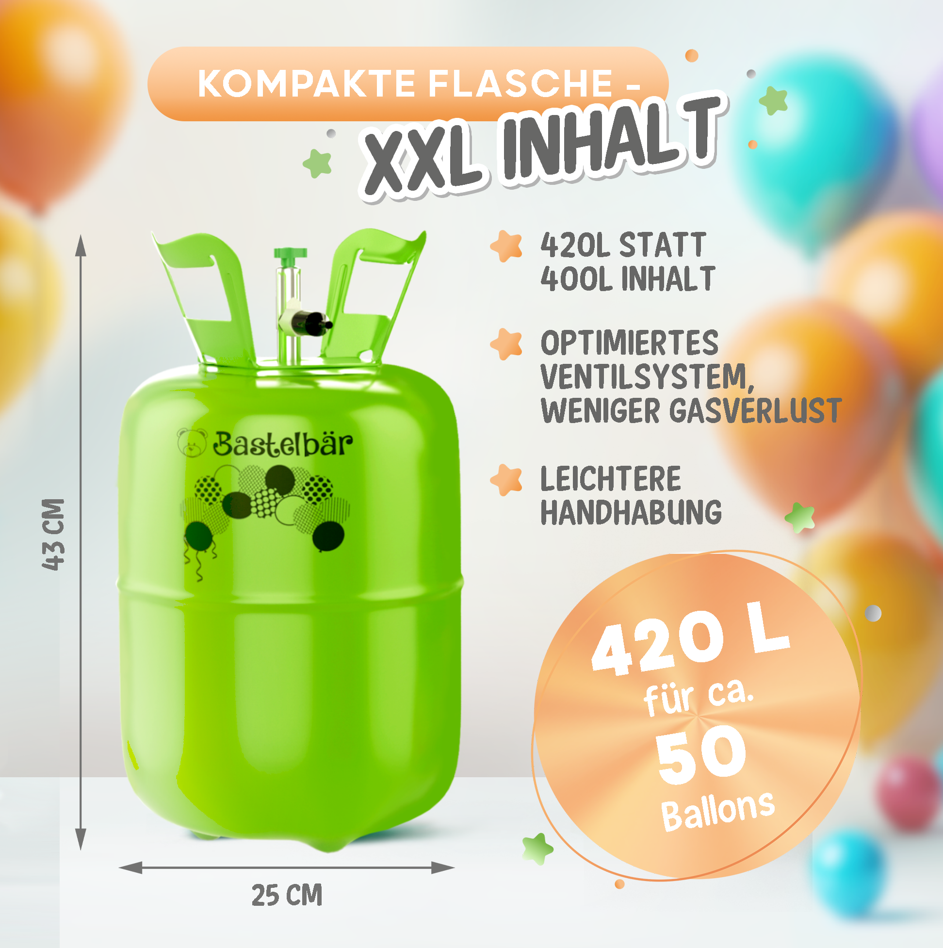 Helium Gasflasche + 100 Luftballons • 420l Ballongas ✓ für ca. 50 Ballons ✓MADE IN EU