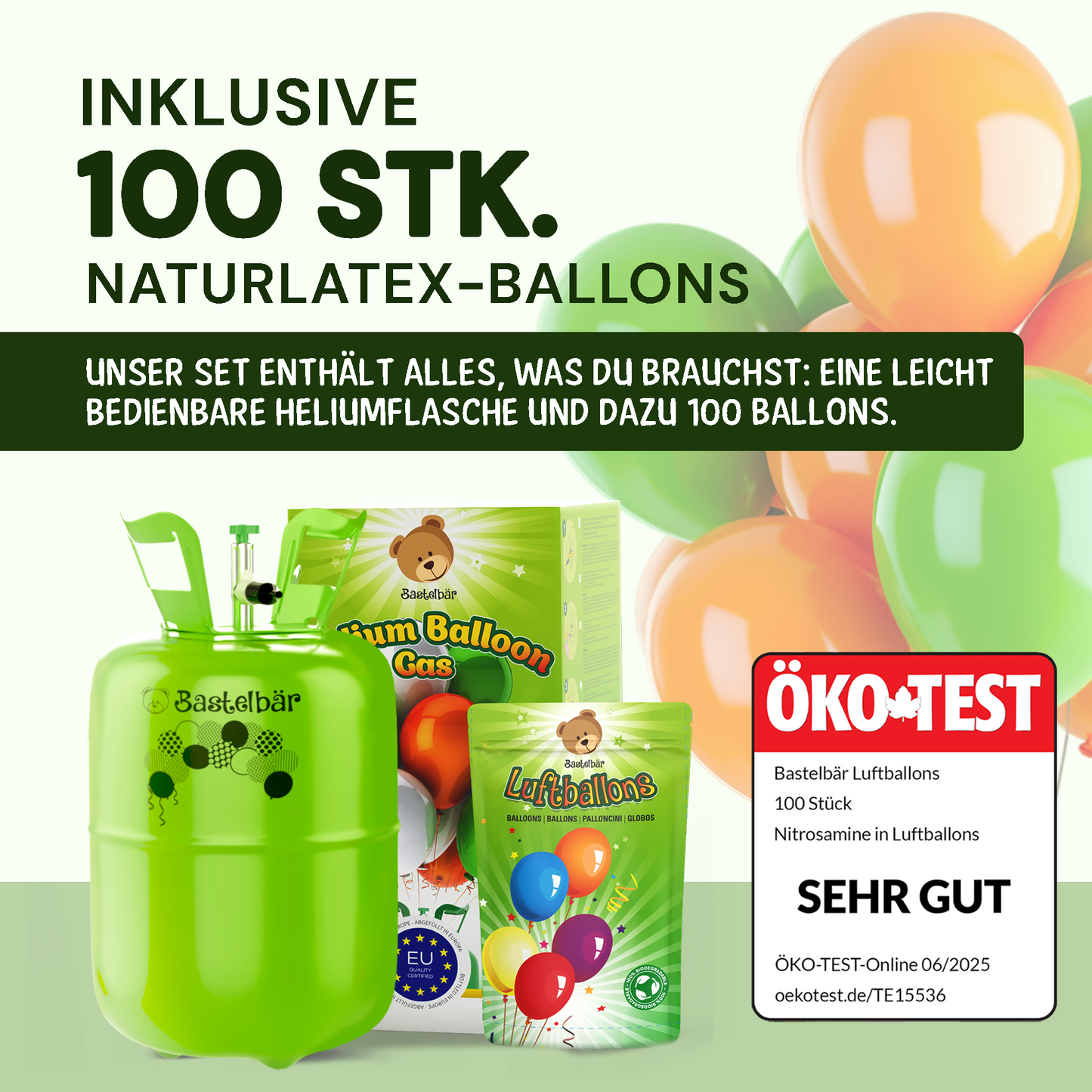 Ballongas für 50 Ballons - Inkl 100 Ballons ÖKO-TEST "Sehr Gut"