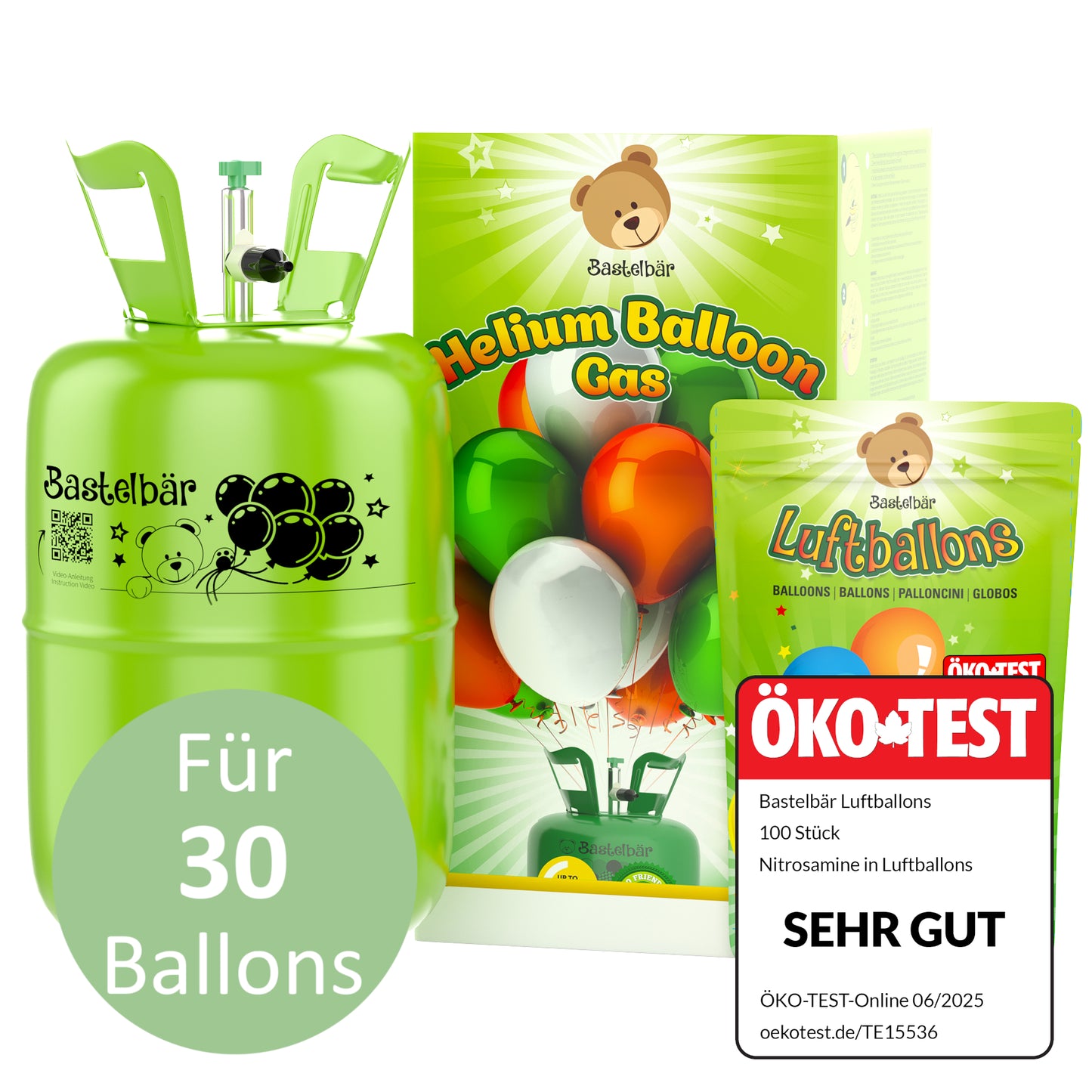 Ballongas für 30 Ballons - Inkl 100 Ballons ÖKO-TEST "Sehr Gut"
