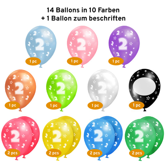 Luftballons 2. Geburtstag • 15 Stück • MADE IN EU • Set inkl. beschreibbarem Ballon