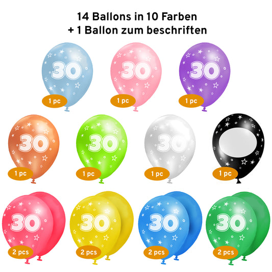 Luftballons 30. Geburtstag • 15 Stück • MADE IN EU • Set inkl. beschreibbarem Ballon