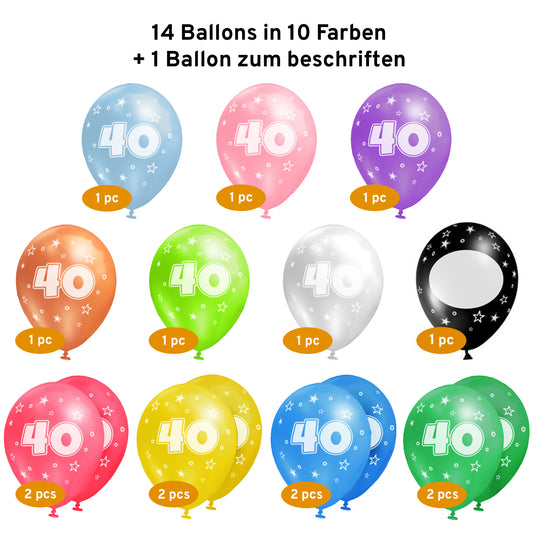 Luftballons 40. Geburtstag • 15 Stück • MADE IN EU • Set inkl. beschreibbarem Ballon