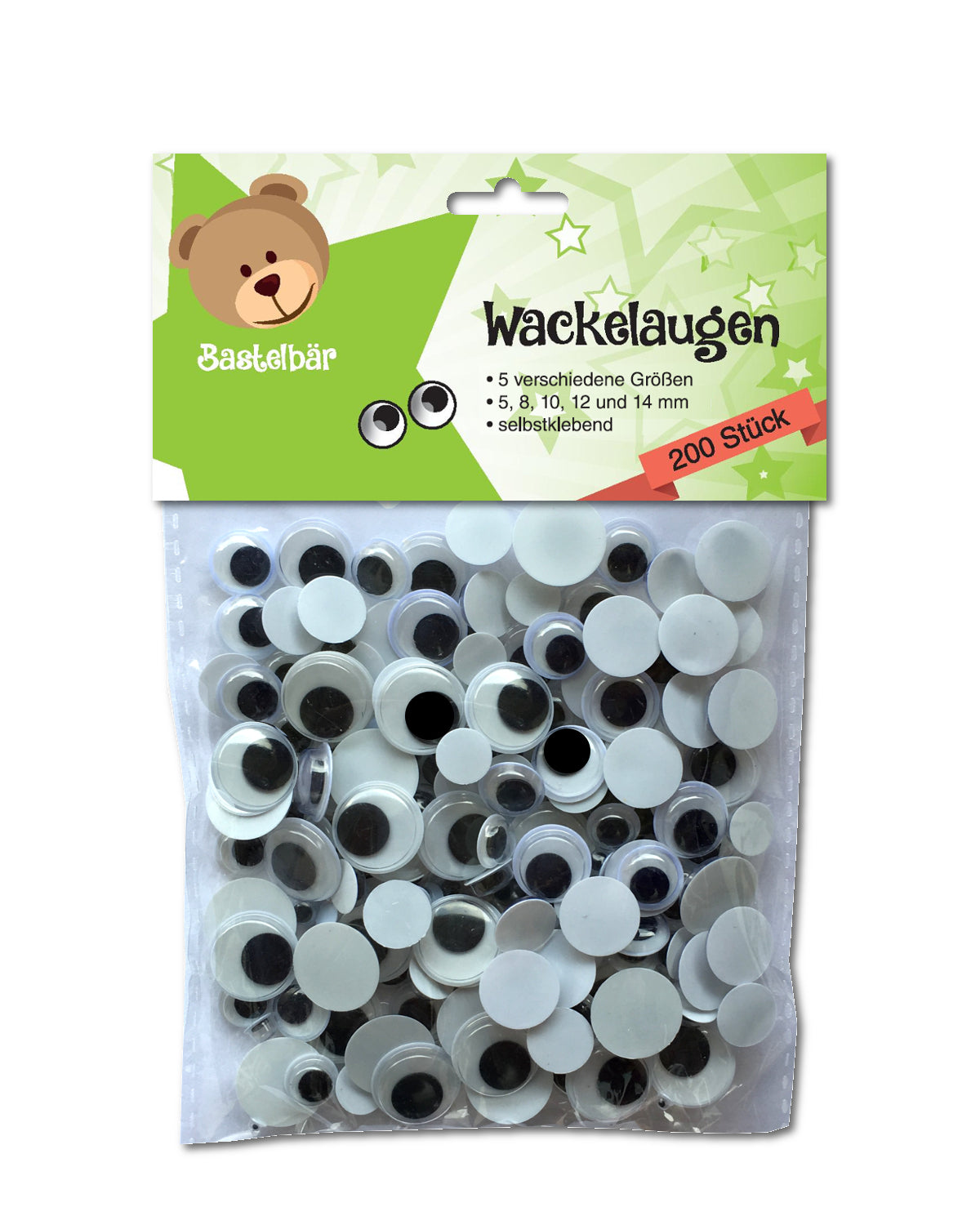 Wackelaugen Selbstklebend - 200 Stück - 5 Größen - von 5 bis 14 mm