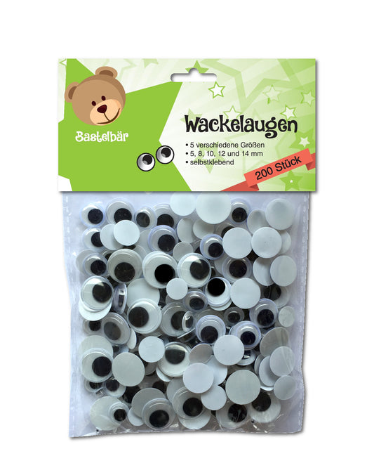 Wackelaugen Selbstklebend - 200 Stück - 5 Größen - von 5 bis 14 mm